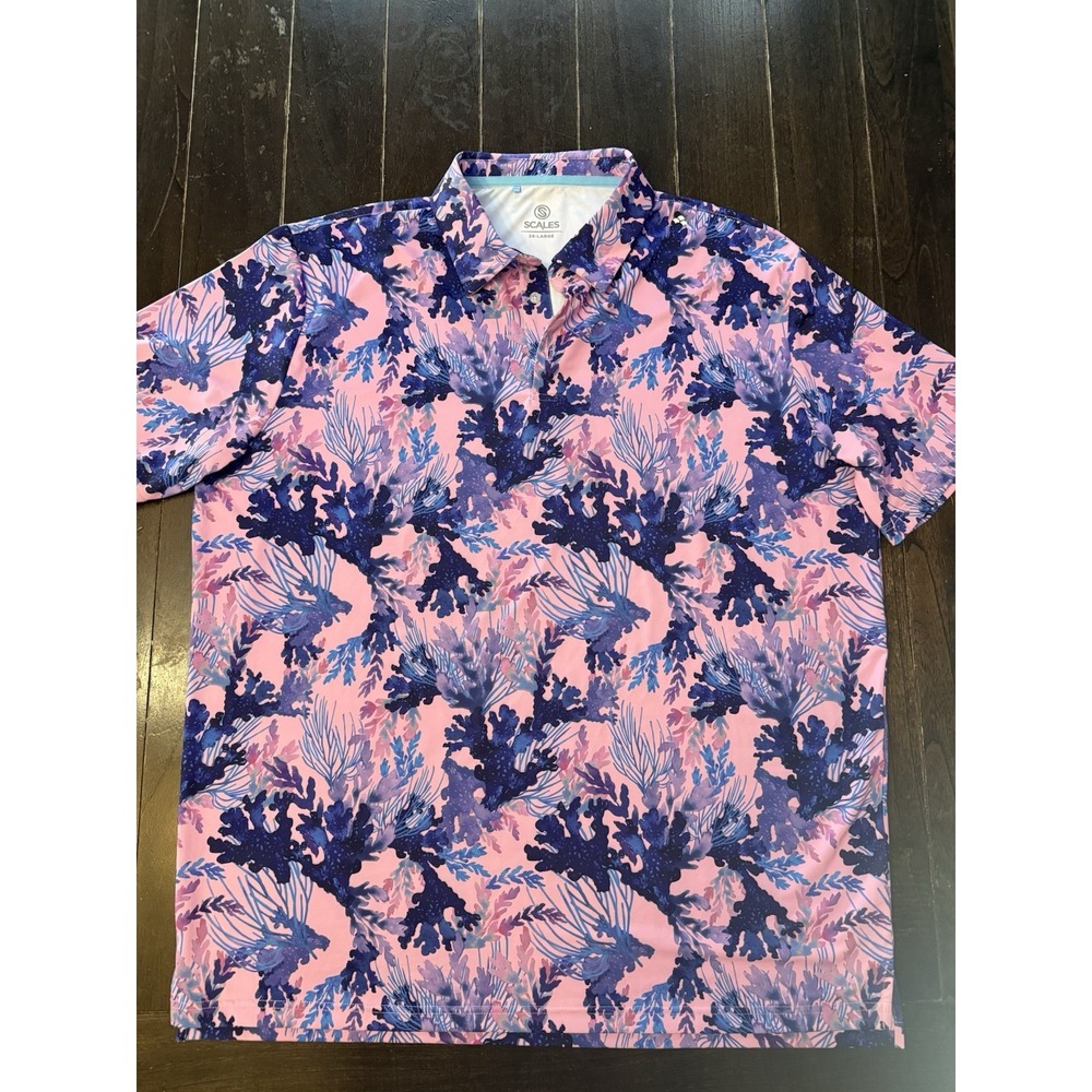 Scales Polo Shirt Mens 2XL Pink "Coral Tropics" Performance Golf Fishing Stretch
